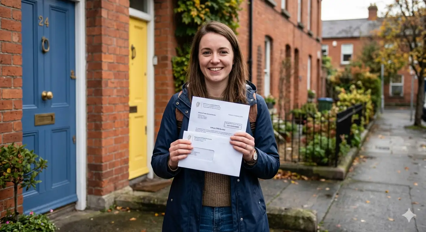 Chica recibiendo la carta del PPS Number en Irlanda frente a casas de ladrillo de Dublín