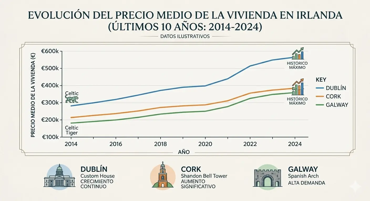 Gráfico evolución precio medio de la vivienda en Irlanda 2014-2024: Dublín, Cork y Galway