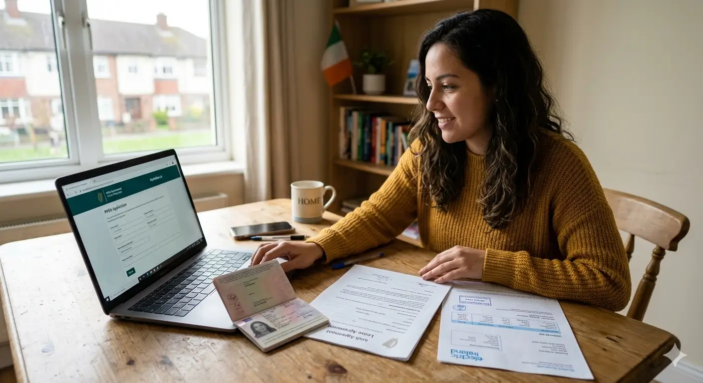 Chica solicitando el PPS Number en Irlanda online con pasaporte y documentos sobre la mesa