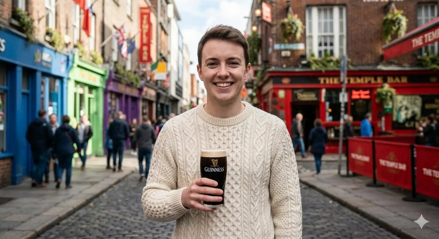 Chico con una pinta de Guinness en Temple Bar, Dublín, disfrutando de la vida social irlandesa